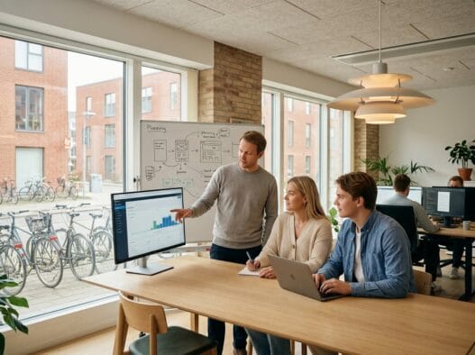 Dansk webbureau i humble med team ved computere og digitale dashboards