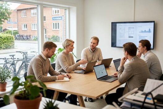 Skandinavisk team arbejder med webdesign og digitale løsninger på kontor i Humlebæk