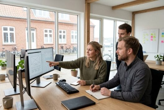 Moderne webbureau i Humlum med dansk team, computerarbejde og digitale dashboards i lyst kontormiljø