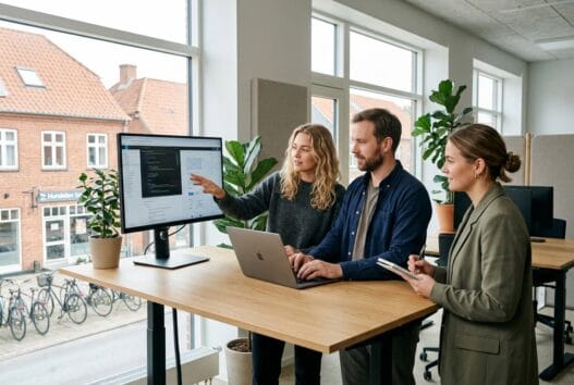 Moderne webbureau i hundelev med team, der arbejder ved computer i lyst skandinavisk kontor