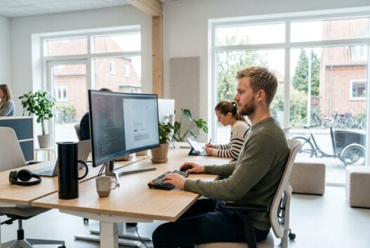 Dansk webbureau i Hunderup med team ved computer og dashboards i moderne kontormiljø