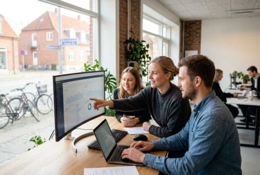 Skandinavisk webbureau i Hundslev med team ved computer, data og moderne digitalt samarbejde