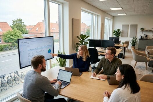 Skandinavisk webteam arbejder med digital strategi i et moderne kontor i Hundslund