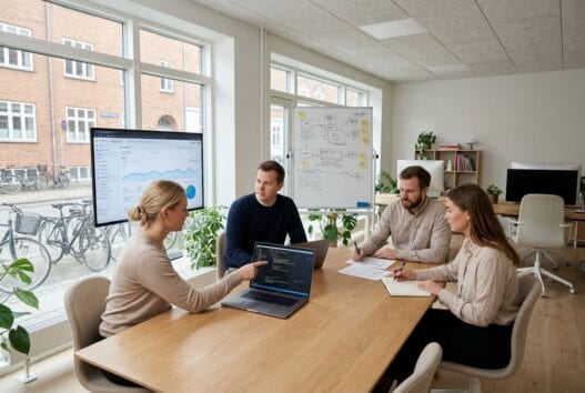 Moderne webbureau i Hundstrup med dansk team ved computer og digitale dashboards