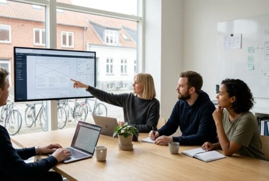 Moderne webbureau i Hune med skandinavisk team, der arbejder med digital strategi ved computere