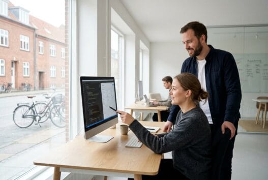 Skandinavisk webbureau i hunseby med team, der arbejder ved computer i et moderne kontormiljø