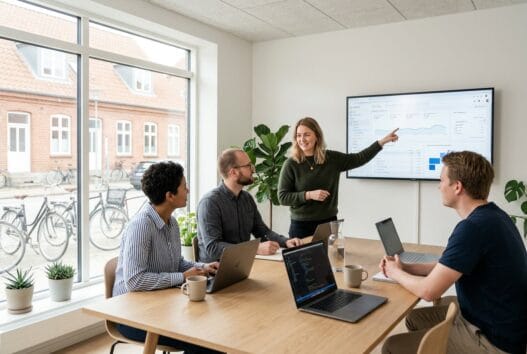 Moderne webbureau i hurup med dansk team ved computer og dashboards i lyst kontormiljø