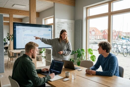 Dansk webbureau i Hvalpsund med team ved computer og dashboards i et lyst, moderne kontor