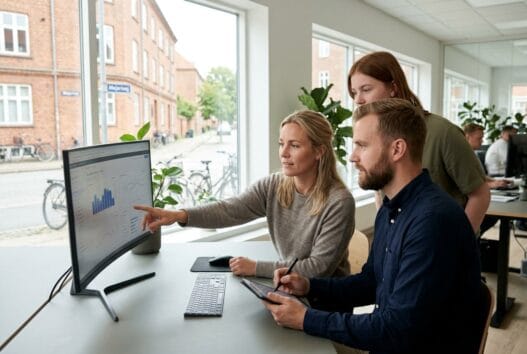 Moderne dansk webbureau med team ved computere i hvam mejeriby og fokus på digitalt arbejde