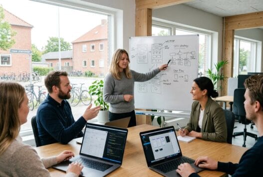 Moderne kontormiljø med webbureau i hvam stationsby, hvor et team arbejder med digital udvikling og SEO