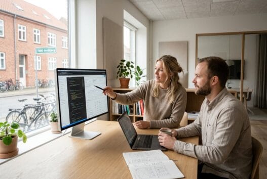 Dansk webbureau i Hvidbjerg (7080) med team foran skærme i moderne kontormiljø