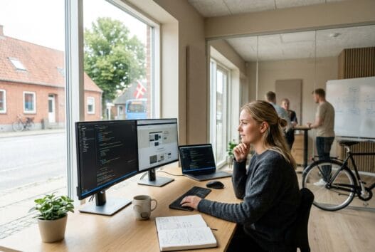 Moderne webbureau med dansk team ved computer i hvidbjerg (7860)