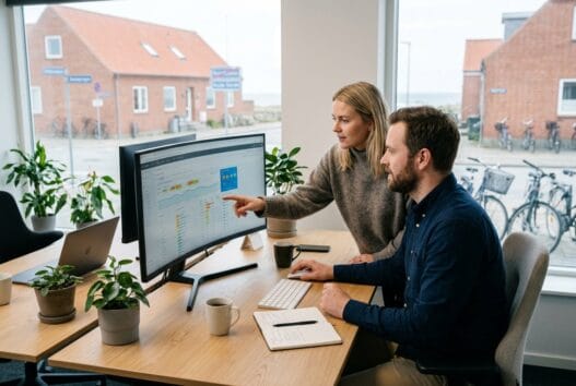 Moderne webbureau i Hvide Sande med dansk team, computerarbejde og digitale dashboards