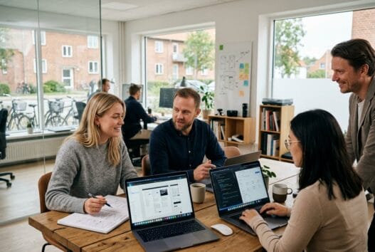 Moderne webbureau i Hvidovre med dansk team, der arbejder ved computerskærme i lyst kontormiljø