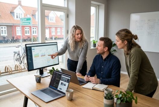 Dansk webbureau i hvilsom med team foran skærme og dashboards i moderne kontor