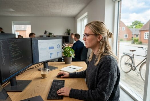 Skandinavisk webteam arbejder med digitale løsninger i hvornum i et moderne, lyst kontormiljø