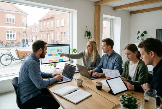 Skandinavisk webbureau i hvorslev med team foran skærme og digitale dashboards