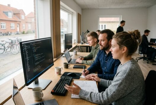 Moderne webbureau i Hylke med skandinavisk team foran skærme og digitale dashboards