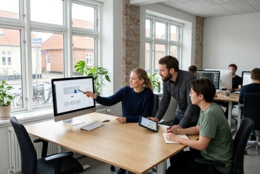 Dansk team arbejder med webdesign og digitale løsninger på kontor i hyllested