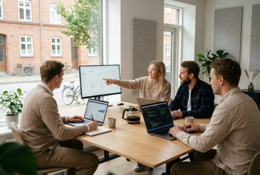 Moderne webbureau i Idestrup med dansk team ved computere og digitale dashboards