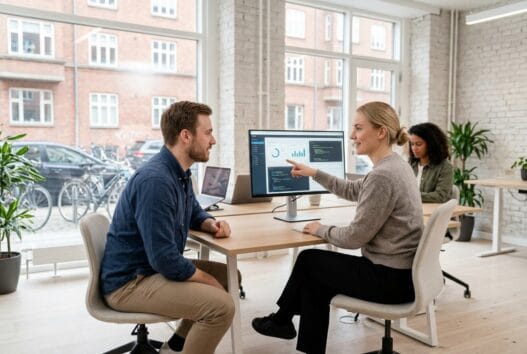 Skandinavisk webbureau i Idom med team ved computere og digitale dashboards