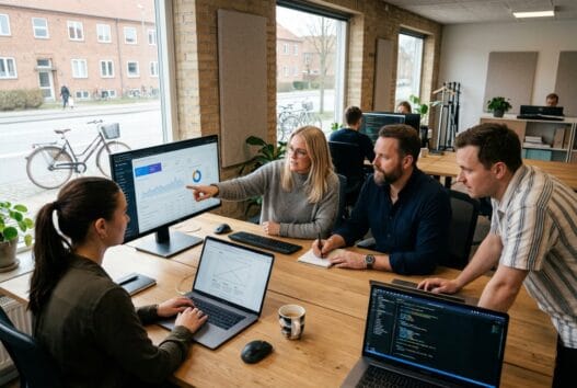 Skandinavisk team arbejder med webdesign og data i moderne kontor i Ilskov