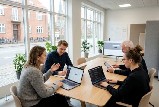 Moderne webbureau i Ingstrup med dansk team foran skærme og digitale dashboards