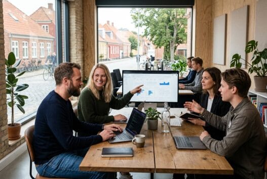 Skandinavisk webbureau i Isenvad med team ved computer og dashboards i moderne kontor