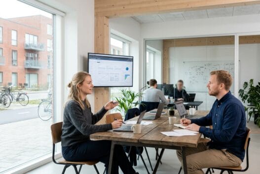Moderne webbureau i Ishøj med dansk team ved computer og digitale dashboards