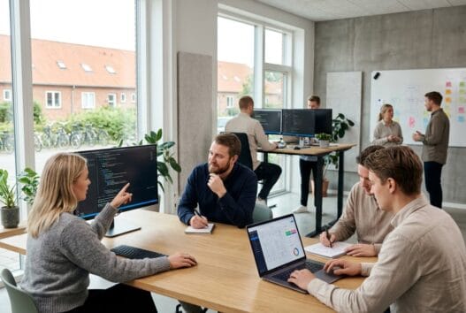 Moderne webbureau i ishøj landsby med dansk team foran skærme og digitale dashboards