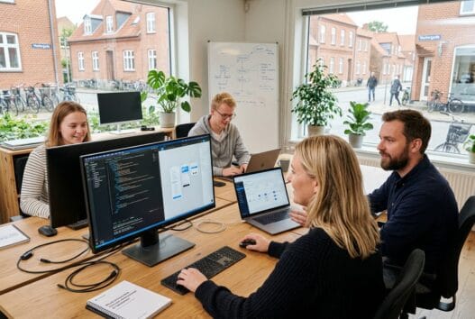 Dansk webdesigner arbejder ved computer i moderne kontor i Janderup med digitale løsninger