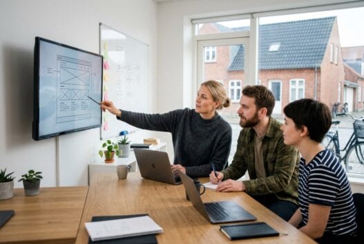 Moderne webbureau i Jebjerg med dansk team foran skærme og digitale dashboards