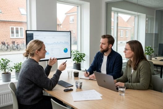 Dansk webbureau i Jegind med team ved computer og dashboards i et lyst, moderne kontor