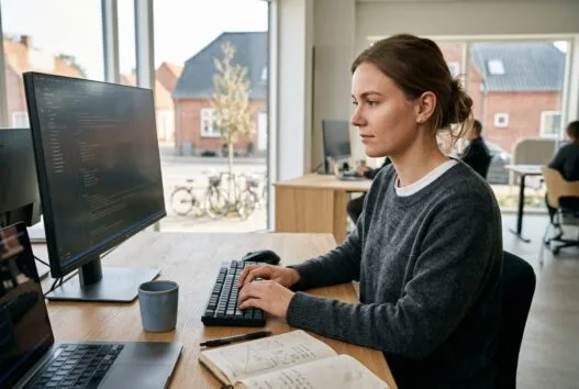 Skandinavisk team arbejder med webdesign og data på kontor i jegstrup