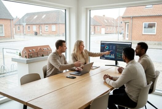 Moderne dansk webbureau i Jelling med team ved computere og digitale dashboards