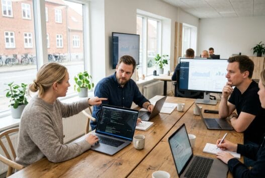 Dansk webbureau i Jels med team ved computere og dashboards i et lyst, moderne kontor