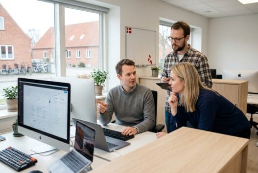 Dansk webbureau i Jerlev med team ved computer og digitale dashboards