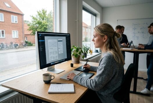 Moderne webbureau i Jernved med dansk team foran computer og dashboards