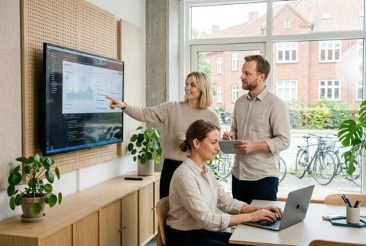 Dansk webbureau i Jersie med team ved computer og dashboards i moderne kontormiljø