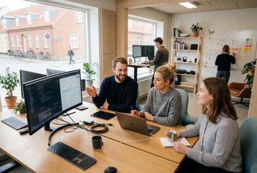 Moderne webbureau i Jerslev med team foran computerskærme og digitale dashboards