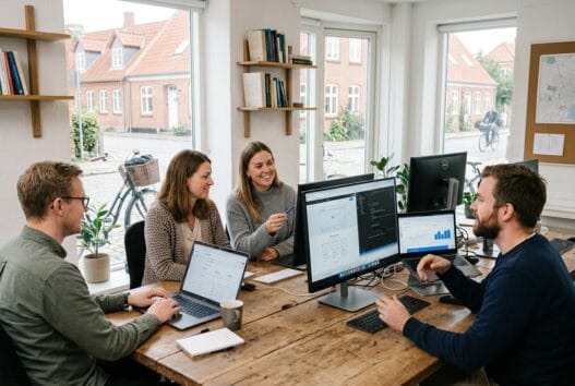 Dansk webbureau i Jørlunde med team ved computer og dashboards i et lyst, moderne kontor