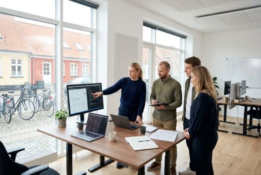 Danskt webbureau i jordløse med team, der arbejder med digitalt design og SEO på kontoret