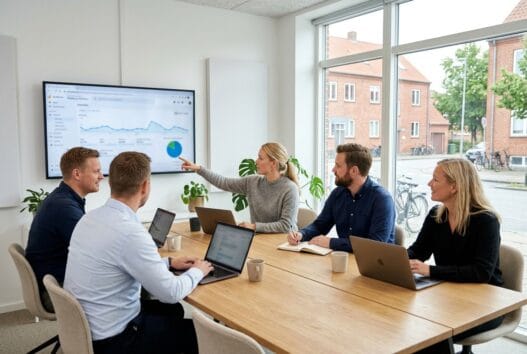 Skandinavisk webteam arbejder med digitale dashboards på kontor i Jordrup