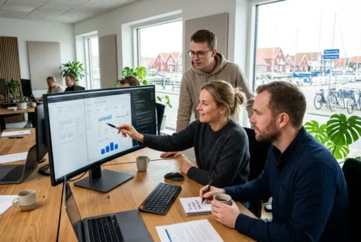 Skandinavisk team arbejder med webdesign og digitale dashboards i et moderne kontor i Juelsminde