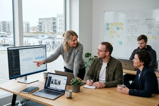 Moderne webbureau i Jyllinge med dansk team foran skærme og digitale dashboards