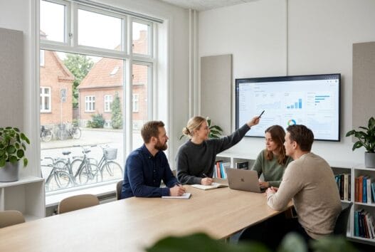 Moderne webbureau i Jystrup med skandinaviske medarbejdere, der arbejder med digitale løsninger på kontoret