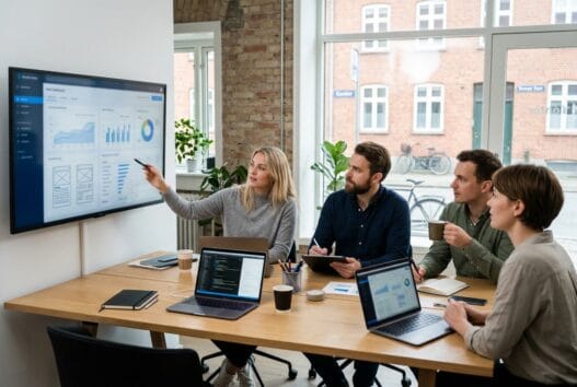 Skandinavisk team arbejder med webdesign og data i et moderne kontor i Kær