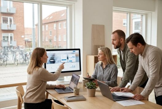 Moderne webbureau i Kagerup med dansk team, der arbejder ved computere med digitale dashboards