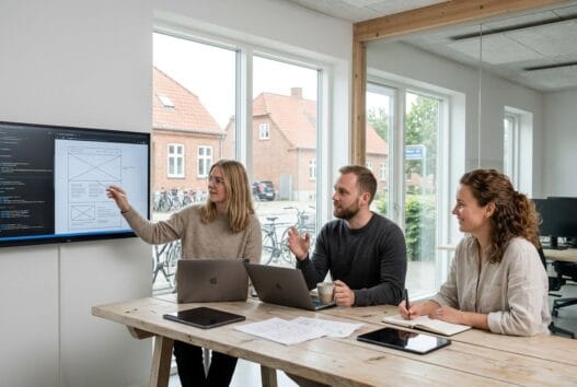 Dansk webbureau i Kaldred med team ved computer og digitale dashboards i moderne kontorlys