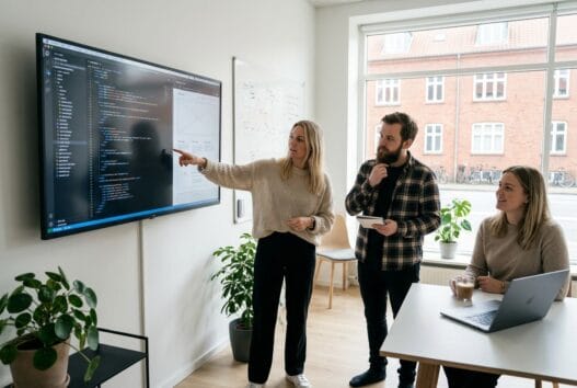 Moderne webbureau i Kalundborg med dansk team foran computerskærme og digitale dashboards